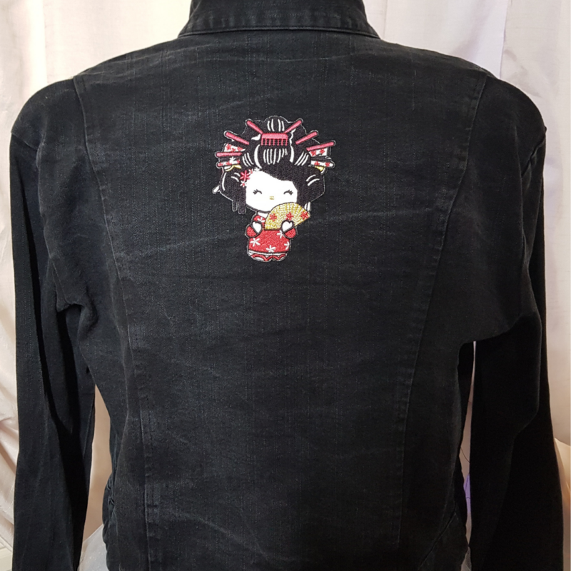 Japanese Doll Upcycled Denim Jacket with a Hello Kitty twist.